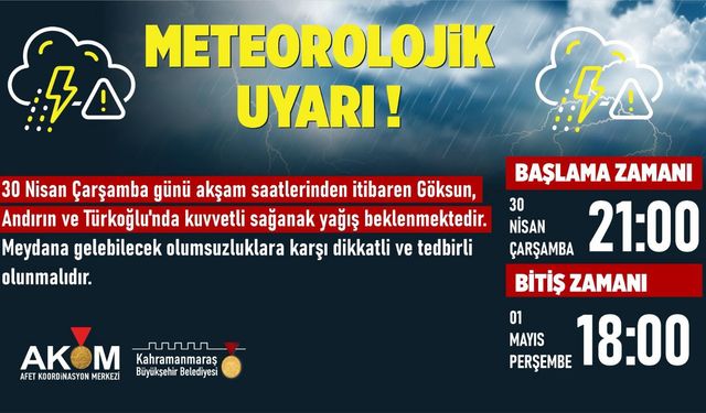 Kahramanmaraş'ta 3 İlçede Sağanak Yağış Uyarısı!