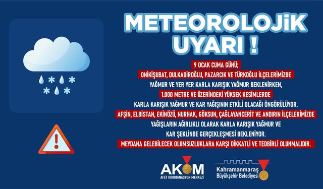 Kahramanmaraş’ta 9 Ocak’ta kar ve yağmur etkili olacak