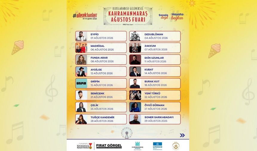 Kahramanmaraş Geleneksel Ağustos Fuarı konser takvimi açıklandı: Ünlü isimler KAFUM'da sahne alacak