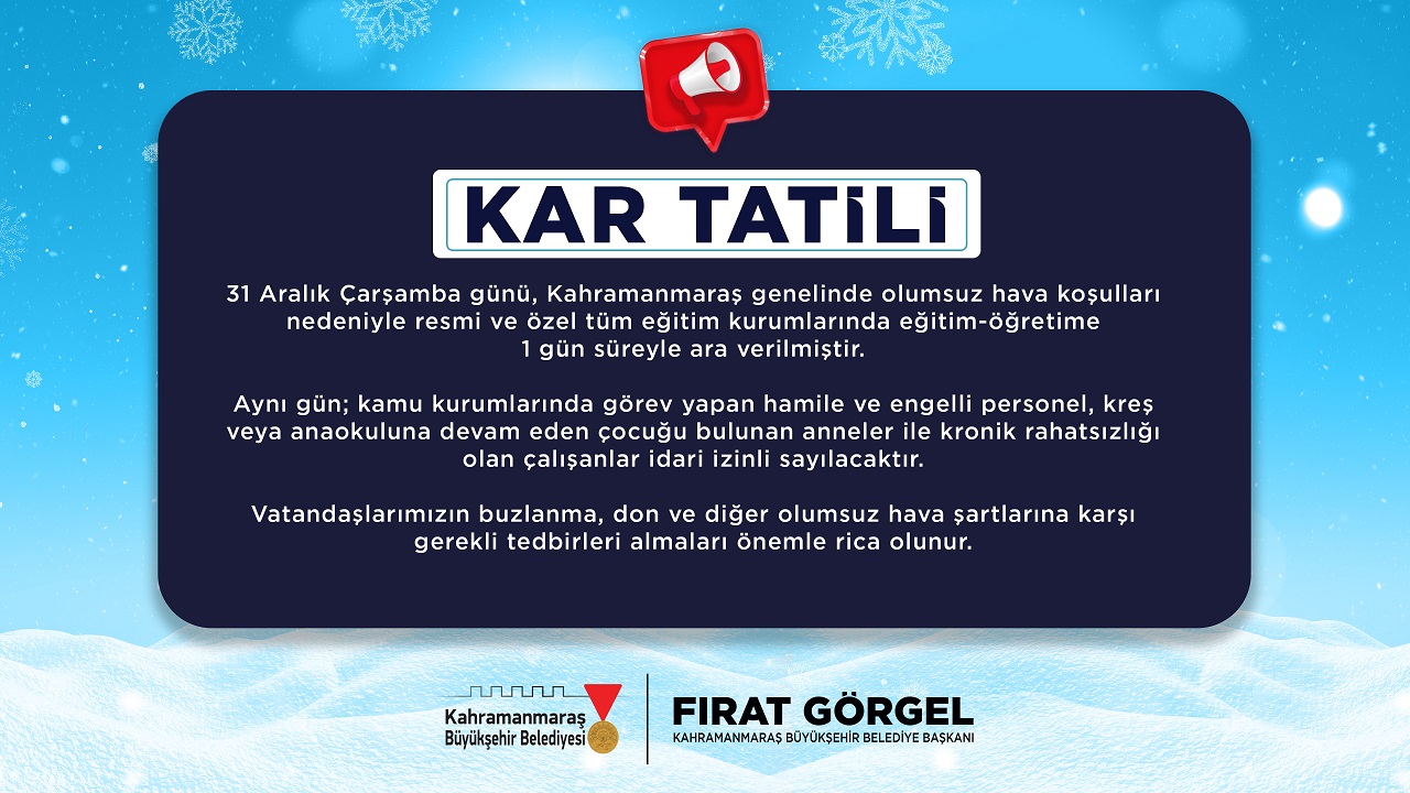 31 Aralık’ta Eğitime 1 Günlük Kar Arası!