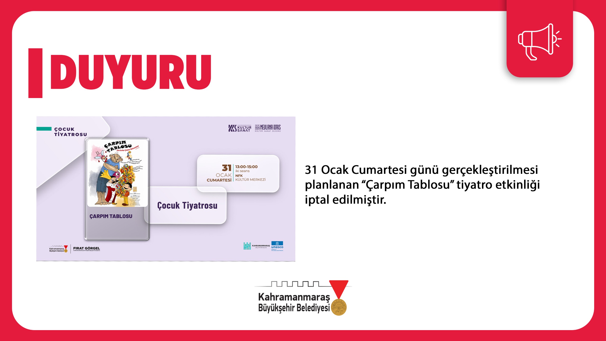 “Çarpım Tablosu” Adlı Çocuk Tiyatrosu Etkinliği İptal Edildi