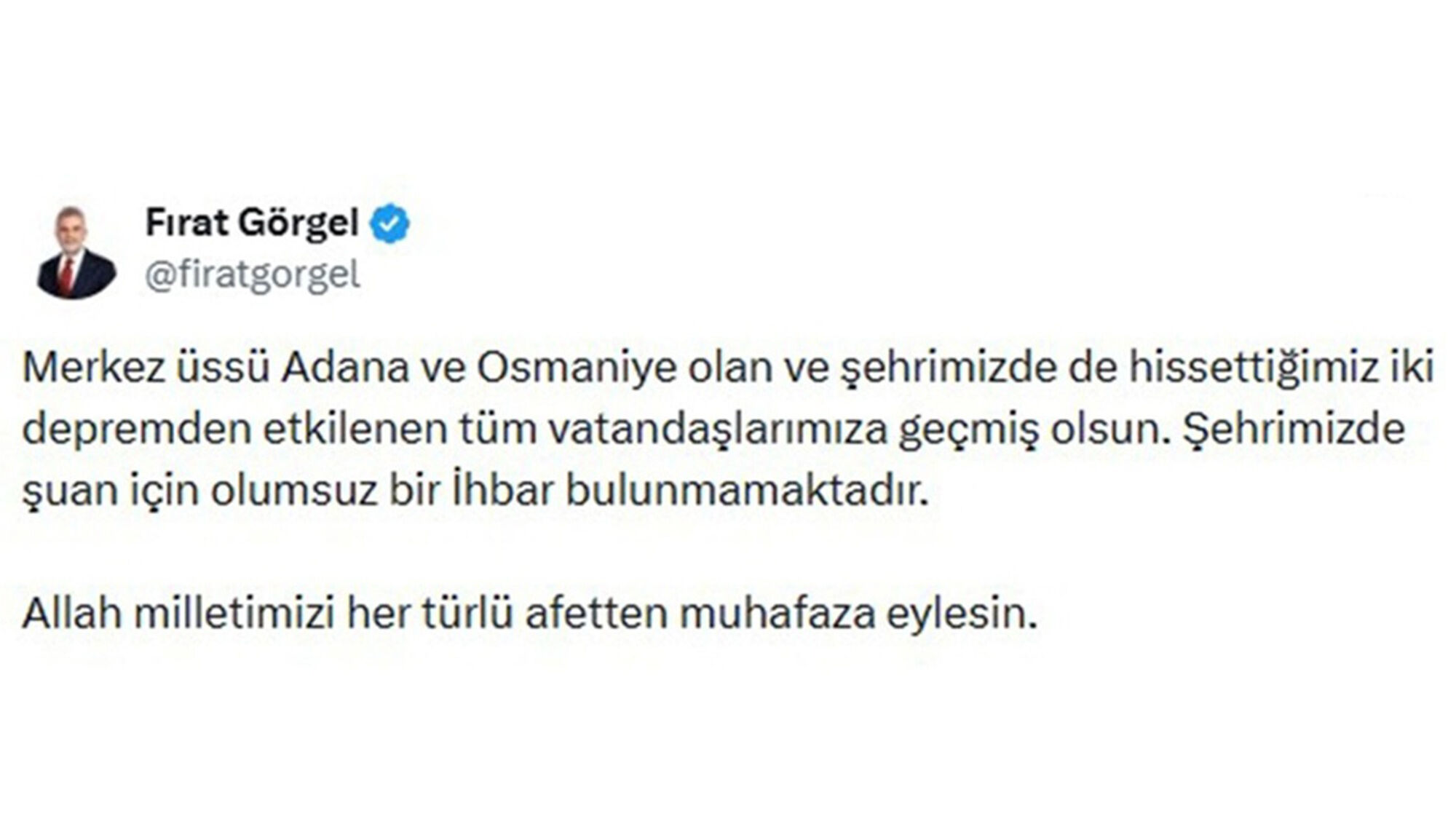 Başkan Görgel, “Tüm Vatandaşlarımıza Geçmiş Olsun”